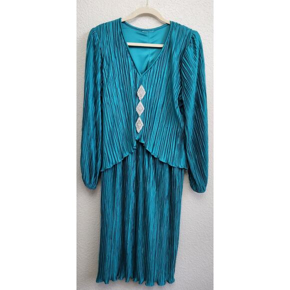 Green Blue Teal Pleated Material Beaded Rhinestone A Line Dress 16 Lightweight - Picture 1 of 5